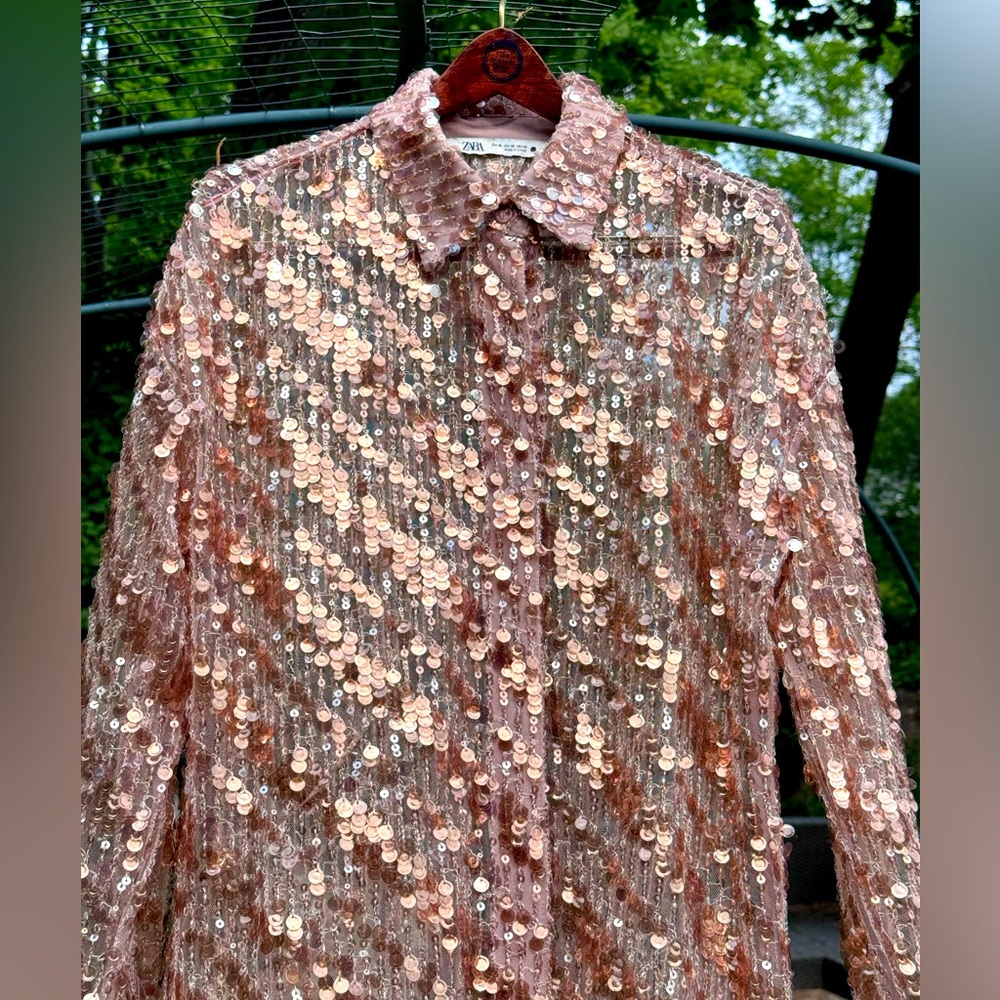 ZARA BUTTON DOWN SEQUINED SHEER DUSTER DRESS - Picture 5 of 14